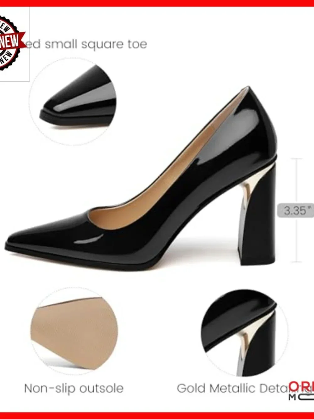 Chunky Block Heel Pumps, 3.5 Inch Heels, Patent Leather, Slip-On